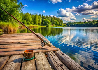 A rusty old fishing rod leans against a weathered wooden dock, surrounded by serene lake waters and lush green foliage on a sunny day.