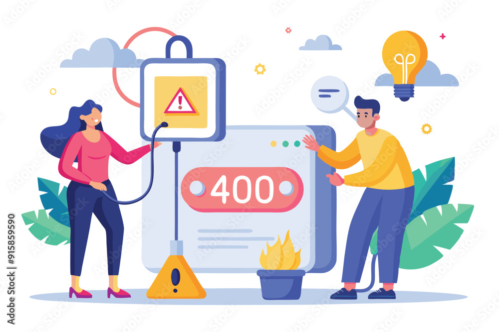 Poster two individuals communicate while troubleshooting a '400 error' in a contemporary workspace designed