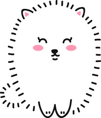 Cute little white dog sitting smiling. Fluffy dog, puppy pomeranian spitz puppy. Doodle drawing by hand. Linear graphics. Isolated vector illustration.