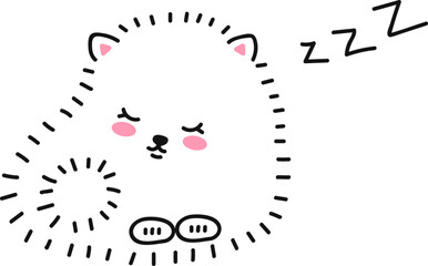 Cute little white dog lying sleep. Fluffy dog, puppy pomeranian spitz puppy. Doodle drawing by hand. Linear graphics. Isolated vector illustration.