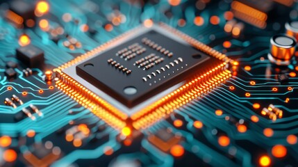 Obraz premium Close-Up View of a Microprocessor on a Circuit Board With Glowing Connections at Night