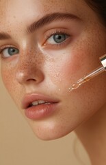 Obraz premium A freckled woman getting a facial treatment with a dropper bottle on beige background