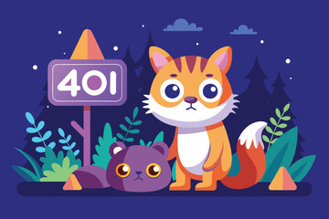 Two adorable animals stand near a mysterious 401 error sign under a starry sky surrounded by tall trees and lush plants