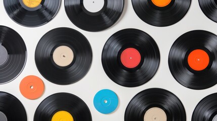 Colorful vinyl records are creatively arranged on a white surface, showcasing their unique labels and textures