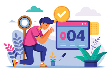 Fototapeta premium A person is engaged in searching for customizable options, expressing determination in a well-lit workspace filled with plants
