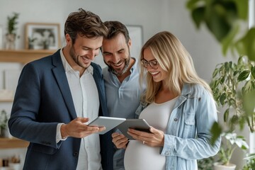Young couple and realtor exploring empty white modern apartment, envisioning furniture arrangement in new home