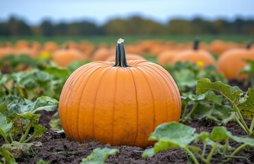 Pumpkins scattered across a farm field, thriving in a pumpkin patch, ready for harvest