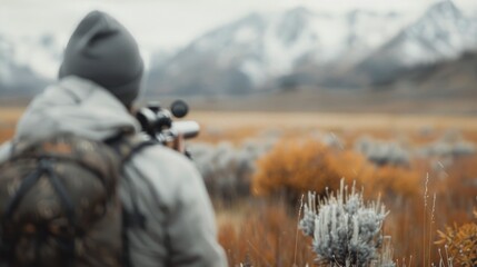 Hunter Observing Wildlife at Dusk in Mountainous Landscape