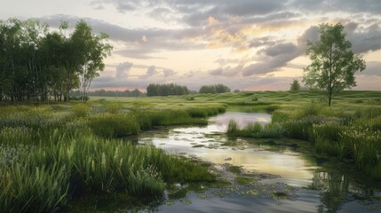 Obraz premium A peaceful natural scene showing a stream in a grassy field under a cloudy sky with trees and water mirroring the surroundings
