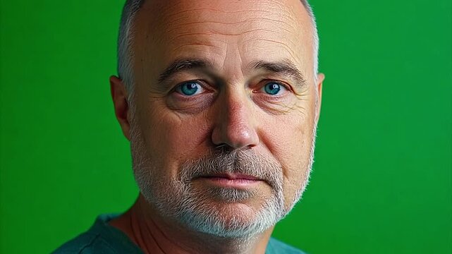 Pulling back from close up of middle aged baby boomer generation man with gray beard and blue eyes with a slight smirk standing in front of a chroma key green screen.