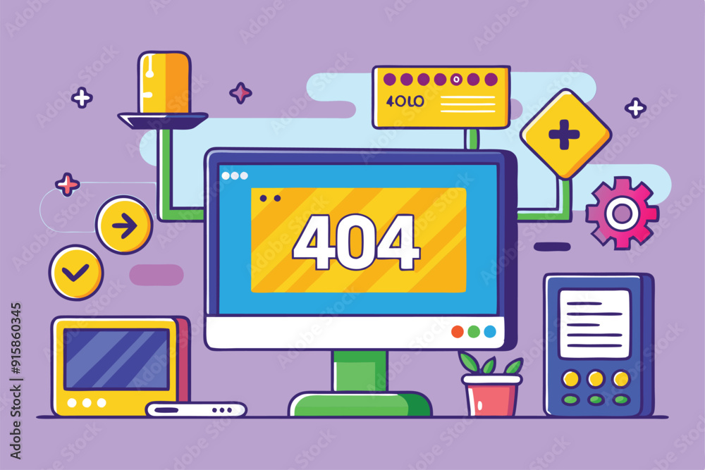 Poster a vibrant illustration represents a gateway timeout error in a modern workspace, featuring various t