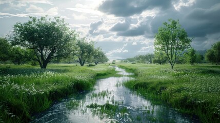 Fototapeta premium A peaceful natural scene showing a stream in a grassy field under a cloudy sky with trees and water mirroring the surroundings