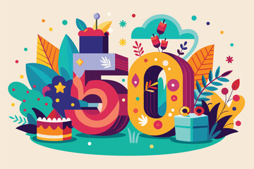 This vibrant artwork features a joyful 50th birthday celebration with decorative elements like a cake, gifts, and colorful foliage, creating a festive atmosphere