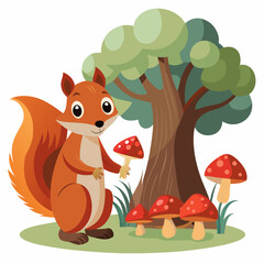 Naklejka premium Squirrel Among the Mushrooms art vector illustration