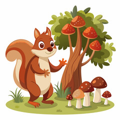 Squirrel Among the Mushrooms art vector illustration