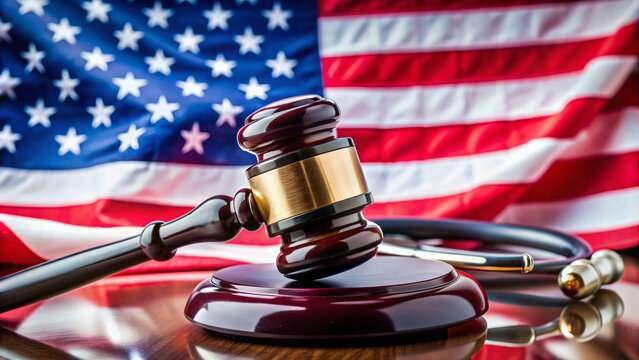 A stethoscope lies on a judge's gavel, symbolizing the intersection of healthcare and law, with a blurred-out American flag in the background.