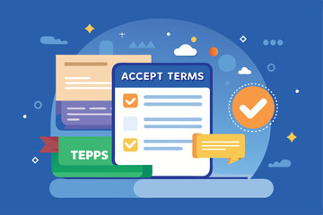 Graphic illustrating customizable terms acceptance with checkboxes and chat bubbles on a vibrant background
