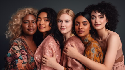 Fototapeta premium Diverse group of five multiethnic young women embracing and standing close together in a studio portrait.