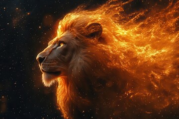 Naklejka premium majestic lion with flowing mane transformed into divine being radiating golden light cosmic stars swirling in background