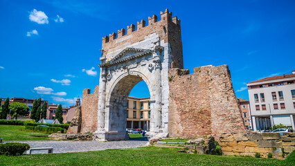 A view looking across the Arch of Augustus at Rimini, Italy in summertime