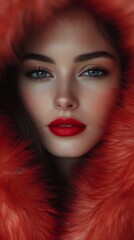Beautiful woman in red fur coat with striking blue eyes portrait