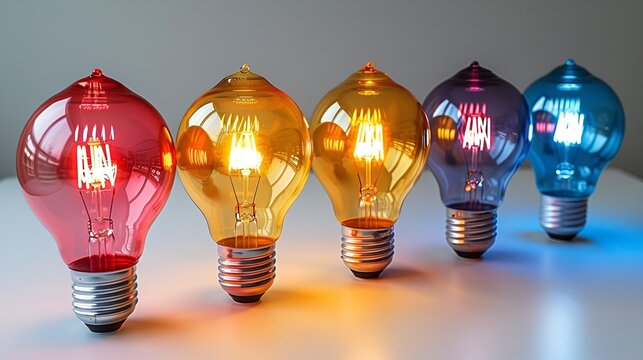 Five distinct light bulbs in a line, each displaying a different color.