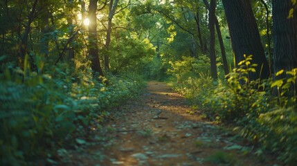 Obraz premium Wooded trail bordered by foliage
