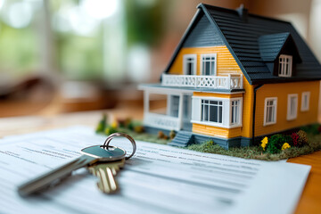 Concept for selling a house and home insurance. Signing a house purchase and sale agreement, housing rental, property insurance. key, house, mortgage, real estate, rent, selling, loan, property, agent