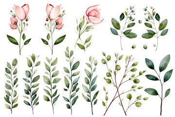 Watercolor Floral Elements Pink Flowers and Green Leaves.