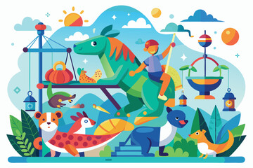 Naklejka premium A young person rides a whimsical dinosaur among cheerful animals, enjoying playful moments in a bright, lively garden full of fruits and decorations