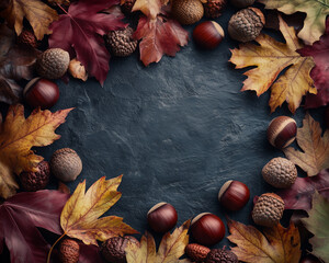 Autumn leaves and acorns frame with Copy Space on Dark Background