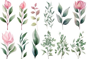 Watercolor Floral Elements Pink Flowers and Green Leaves.