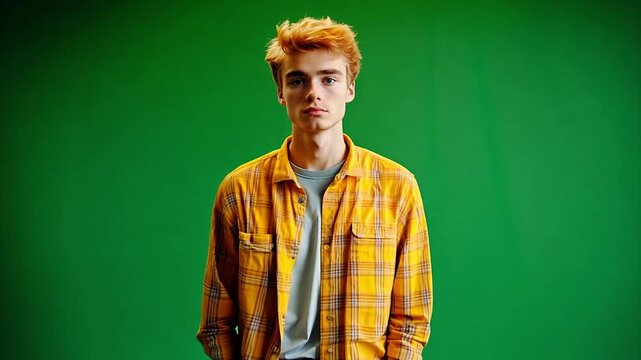 Teenage Caucasian boy with dyed red scruffy hair and blue businesses suit with orange tie looking confident with arms crosses as the camera tracks around him against a chroma key green screen.