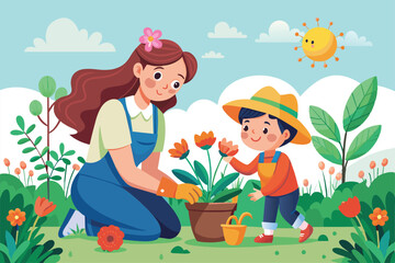 Naklejka premium A joyful mother and her young child are happily planting colorful flowers in a lush garden under a bright sun