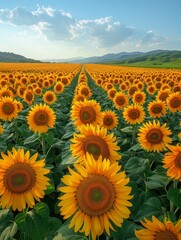 Fototapeta premium Vibrant field of blooming sunflowers under a blue sky. Rows of bright yellow flowers stretching to the horizon. Perfect for nature, agricultural, and floral-themed purposes. Stunning landscape. AI