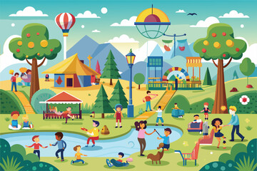 Obraz premium Families engage in diverse activities at a vibrant park filled with fun attractions and a lovely natural landscape under a bright sky