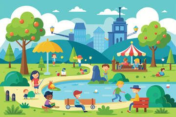 Fototapeta premium Families and children enjoy a sunny day at the park, playing games, feeding ducks, and relaxing under trees near a beautiful pond