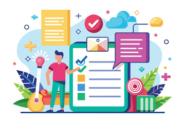 A young man interacts with digital notes and tasks in a colorful workspace, showcasing creativity and organization through various design elements