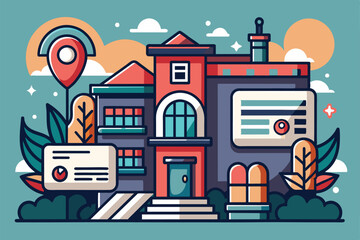 A colorful illustration showcases a stylish building with intricate details, surrounded by lush greenery and urban elements, under a bright sky