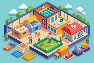 A vibrant isometric illustration showcases a customizable pet adoption center featuring various play areas and spaces for interaction with pets