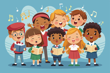 Fototapeta premium A diverse group of joyful children is singing in unison while holding music books, creating a delightful atmosphere of harmony and friendship
