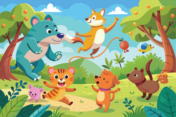 Naklejka premium A playful gathering of pets and wild creatures joyfully skipping together in a vibrant forest filled with trees and greenery under a clear blue sky