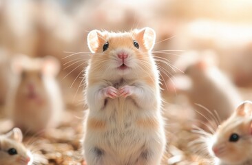 group of hamsters in an laboratory, with one standing on its hind legs and looking up at the camera