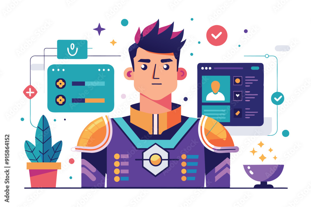 Poster a character stands confidently in a vibrant digital space showcasing advanced customization options 