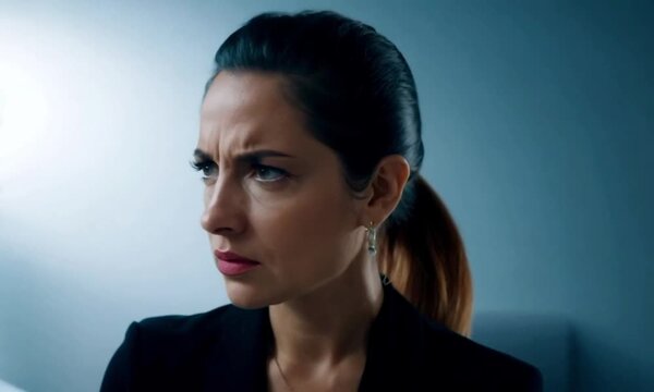 Woman looking sideways with a suspicious and distrustful expression
