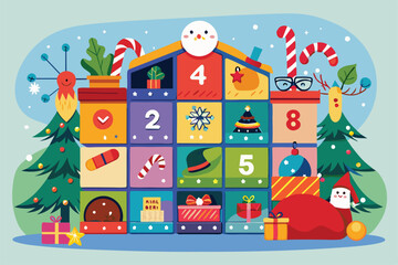 Naklejka premium A colorful advent calendar features festive ornaments, gifts, and holiday elements, inviting a sense of excitement and celebration for the season