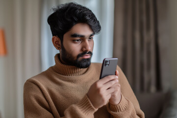 A young Indian man in a brown sweater focusing on his smartphone while seated indoors, appearing thoughtful