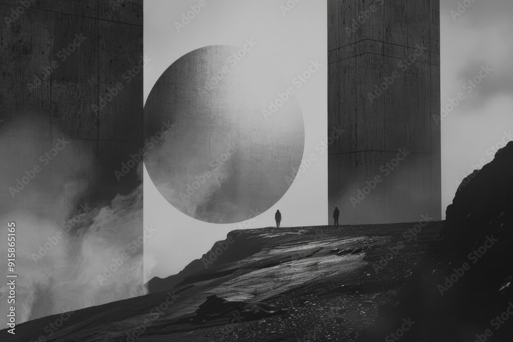 Poster a person standing at the summit of a hill next to a massive structure, suitable for use in landscape