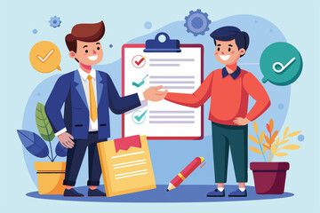Two cheerful professionals finalize a customizable agreement while surrounded by business elements in a vibrant office environment