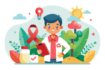 Fototapeta premium A young scientist holds a clipboard in a colorful natural environment, with Aids awareness symbols and research elements in a cheerful setting